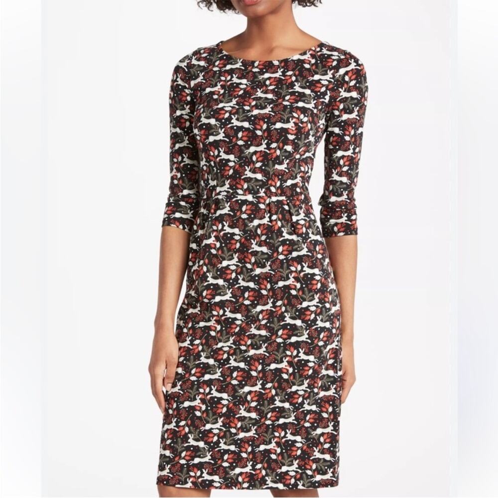 Boden penny Jersey dress 3/4 sleeve bunny print holiday sz 4 long